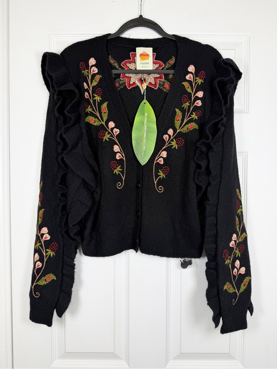 FARM Rio Sweaters - NWT! Farm Rio Size L • Long Sleeve Black Berry Floral Embroidered Knit Cardigan.